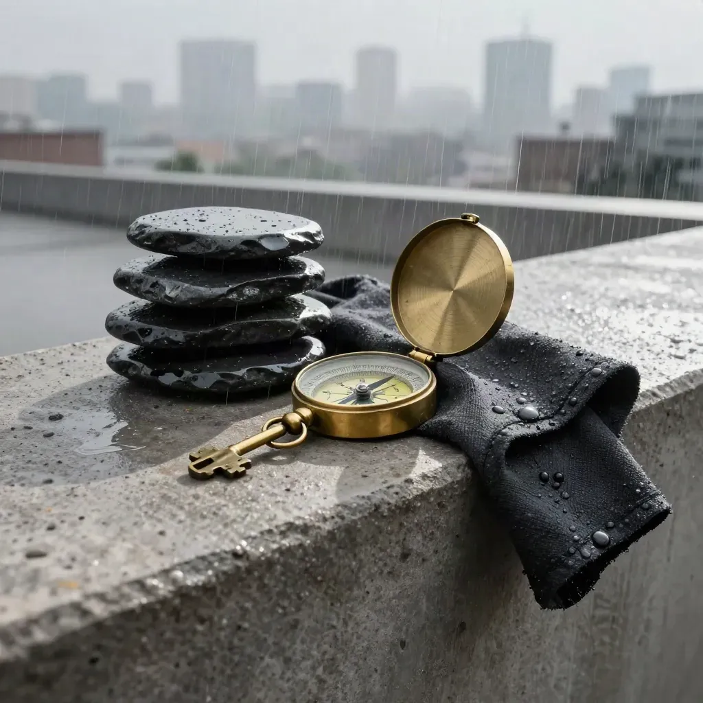 Wet black stone stack, brass compass and folded charcoal cloth on a concrete ledge in stormy dawn.