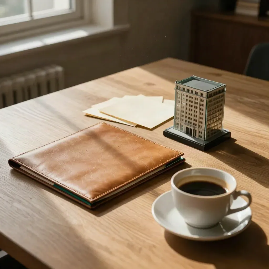 Leather folder, briefing cards, model building and coffee on a sunlit table.