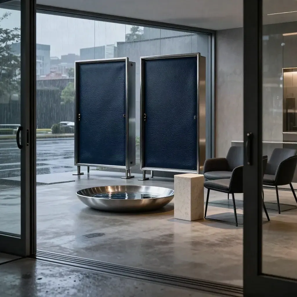 Glass lounge with presentation cases, water tray and empty chairs at wet dusk.