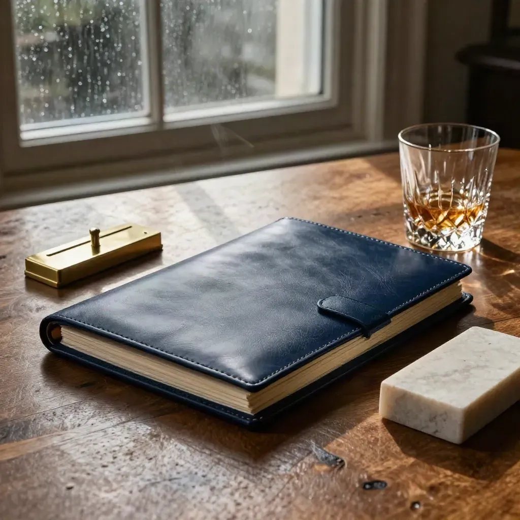 Navy capital folio, brass paperweight, glass tumbler and boards on an oak table by rainy window