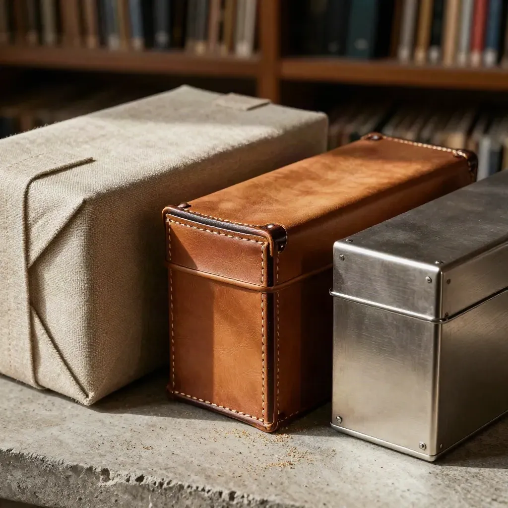 Three archive boxes and a stone bowl on concrete, lit by a dramatic raking beam.