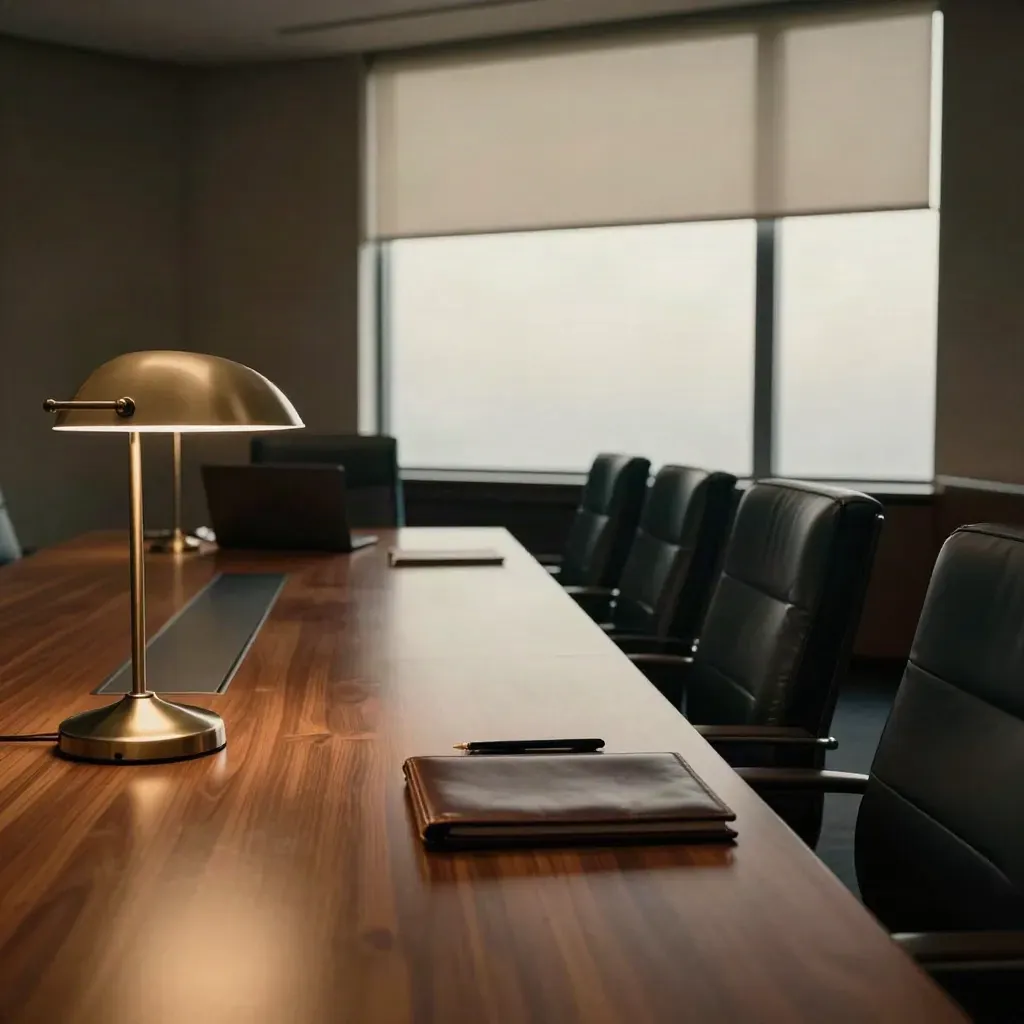 Warm boardroom with closed laptop, bronze lamp, leather chairs and late-afternoon window light.