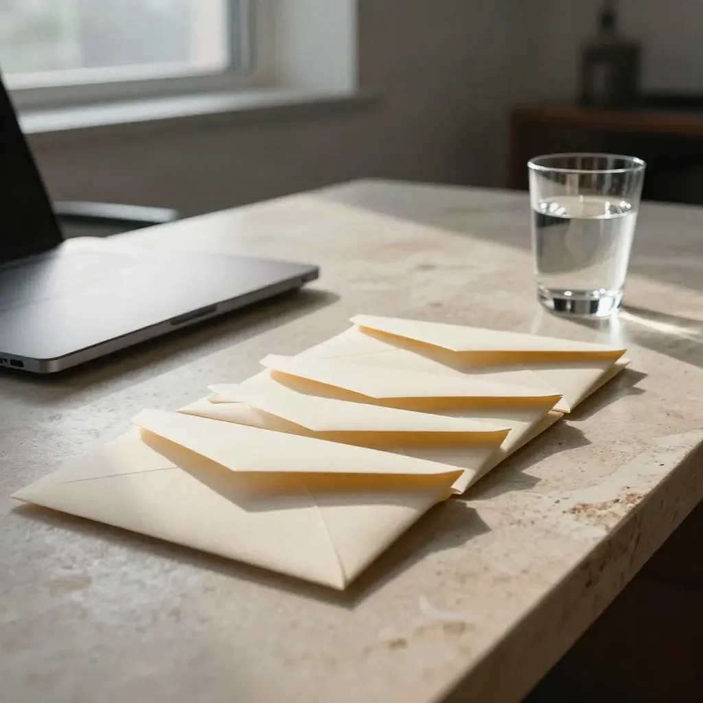 Cash runway envelopes, closed laptop and water glass on a pale stone desk in morning light