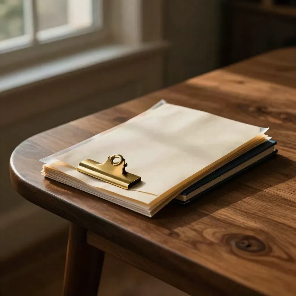 Sealed investor package on walnut table with brass clip, cream blotter and navy folio in warm evening light