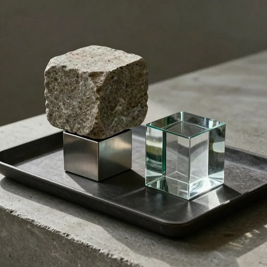 Stone, steel and glass blocks balanced on a dark tray with dramatic shadows