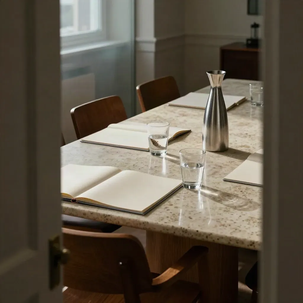 Empty boardroom table with blank folios, water glasses and pushed-back chairs in cool morning light.