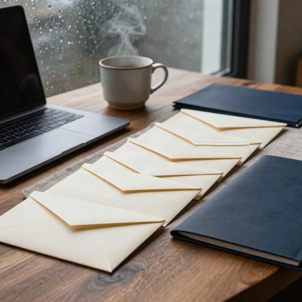 Closed laptop, envelopes, and a cup by a rain-streaked window in a moody finance scene.