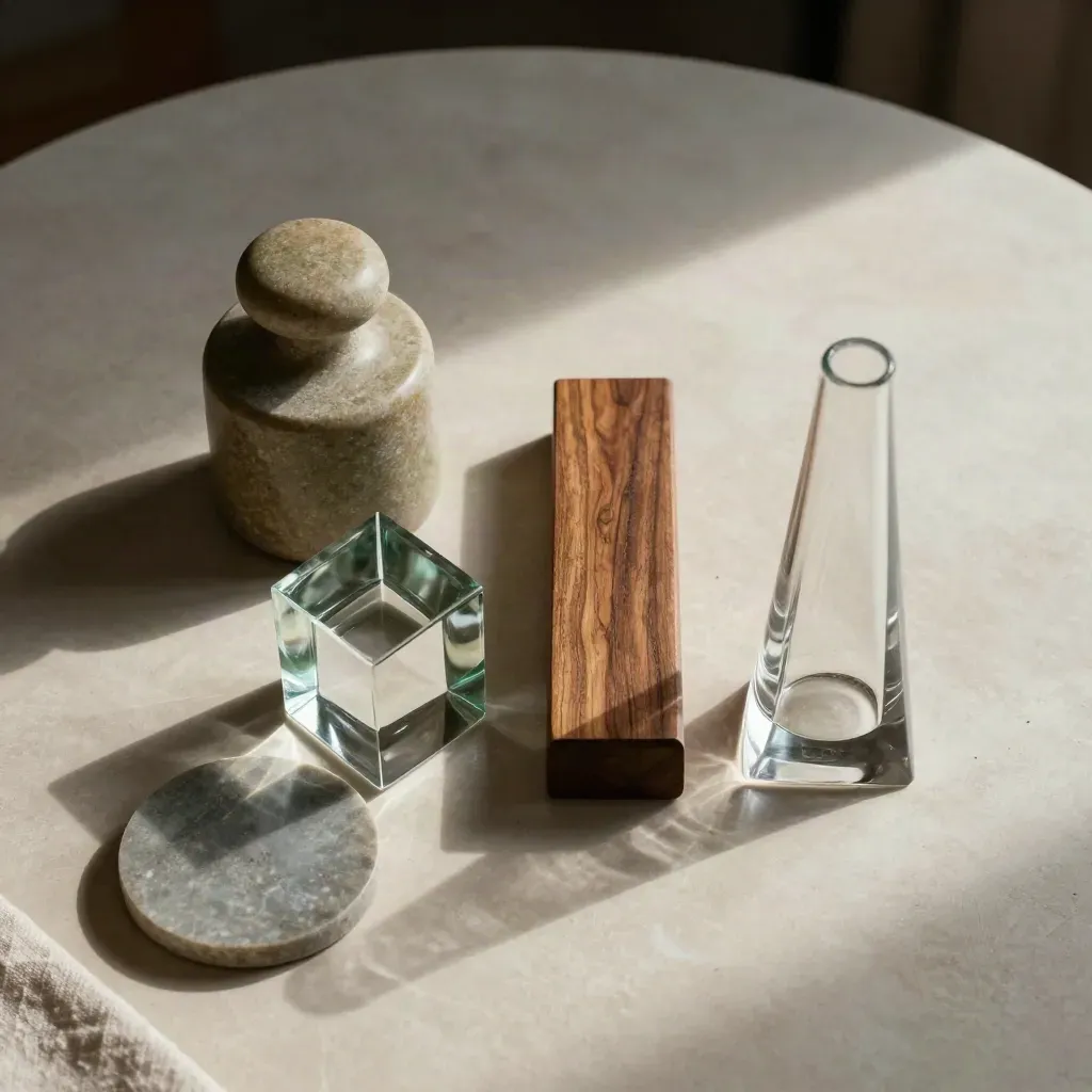 Overhead finance still life of stone, wood and glass objects on a pale table, warm daylight.