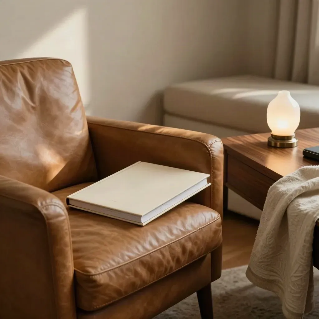 Quiet investor review room with tan armchair, cream folio, and warm lamp in soft afternoon light.