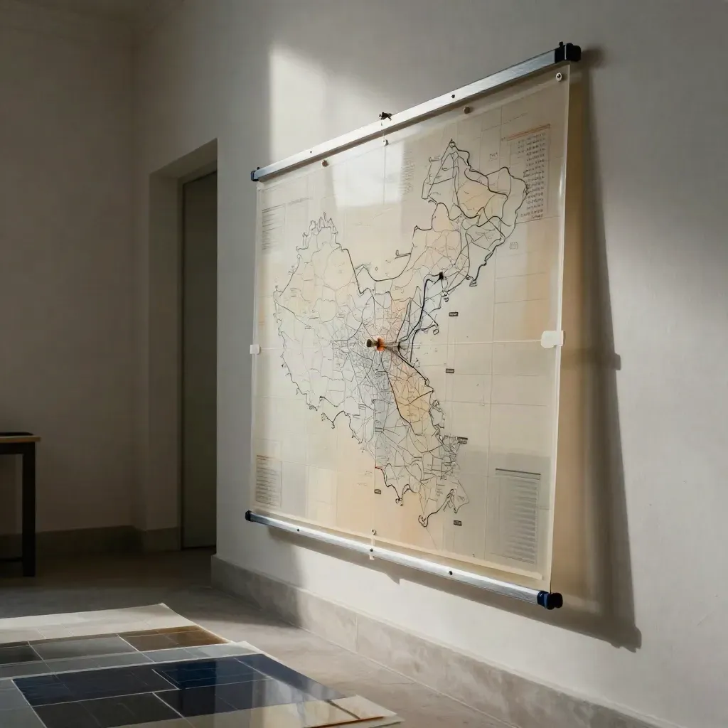 Translucent acetate risk map on a plaster wall, one panel shifted open in cool daylight.