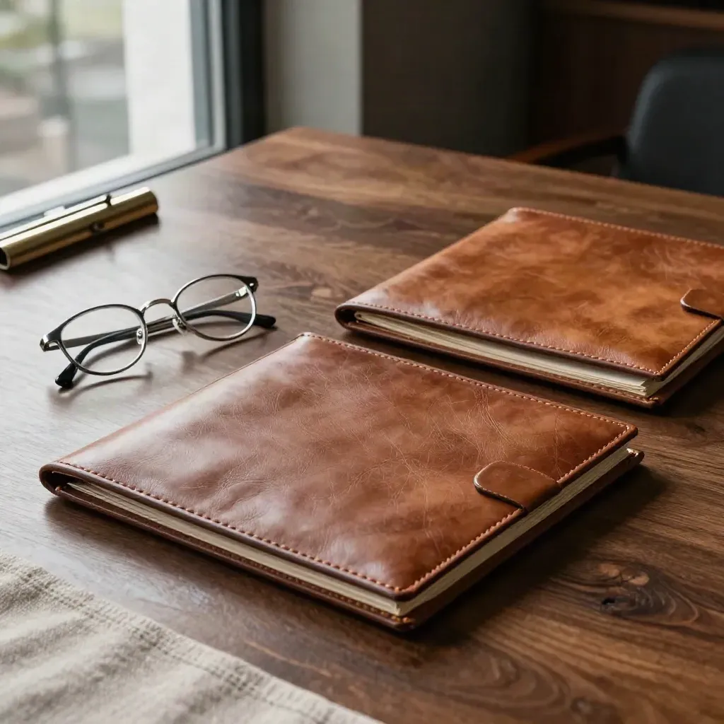 Leather folders, glasses, and brass clip on a walnut boardroom table.