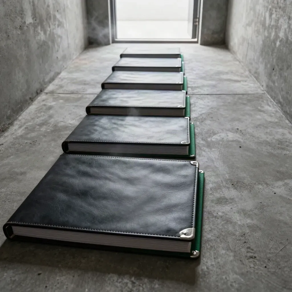 Six briefing folders lead along a concrete corridor toward an open doorway in dramatic light.