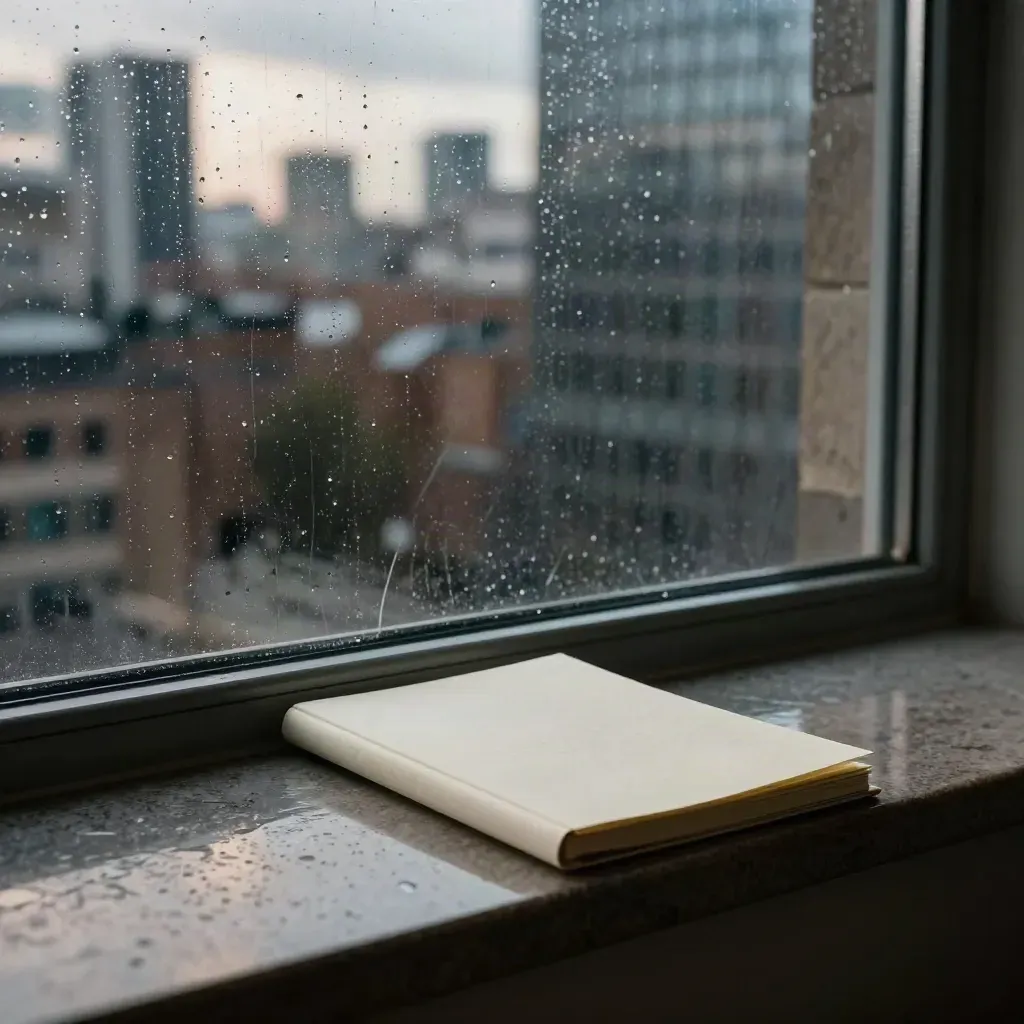 Rain-darkened window with skyline reflections and a closed notepad on the sill.