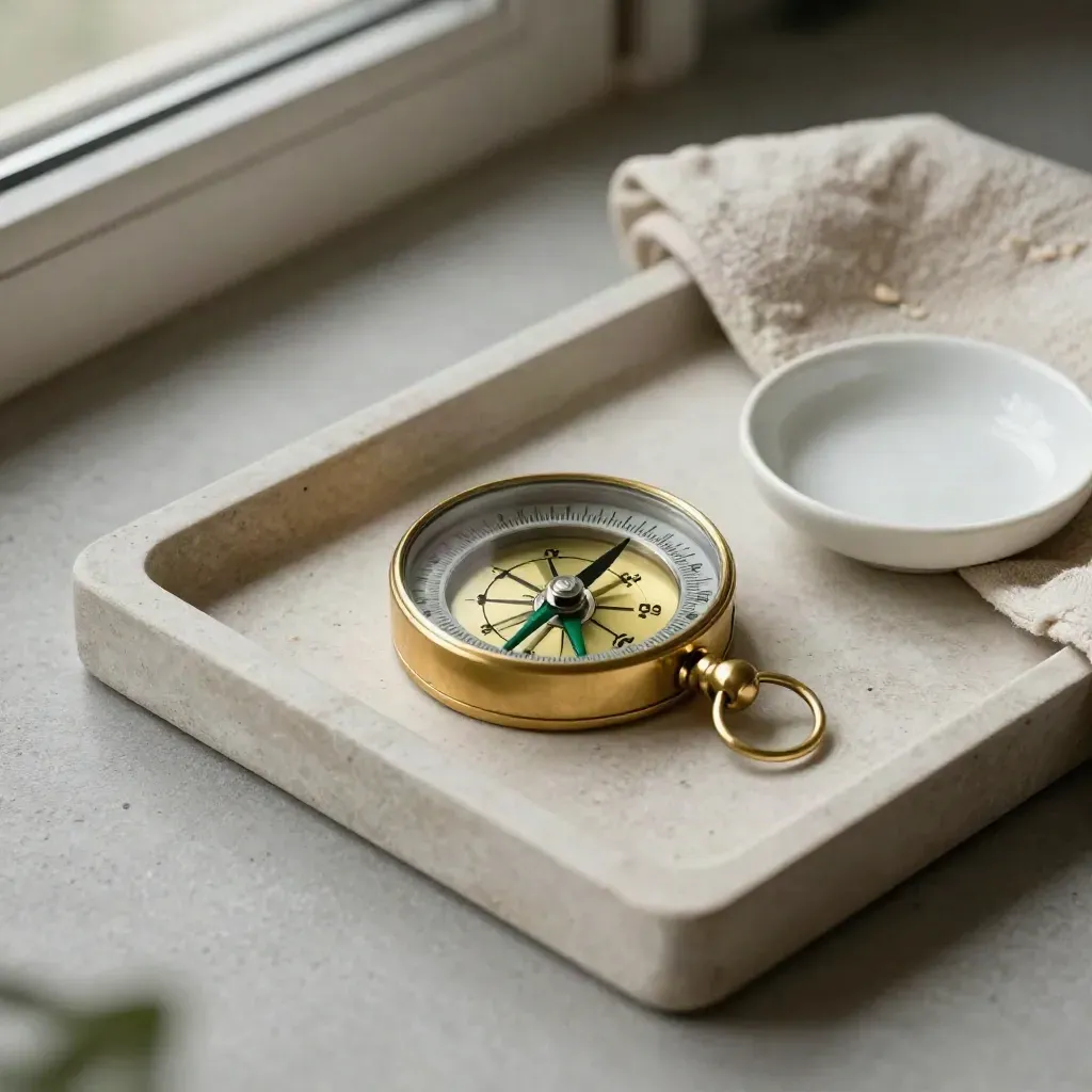 Brass compass on stone tray with ceramic dish and folded linen in soft window light