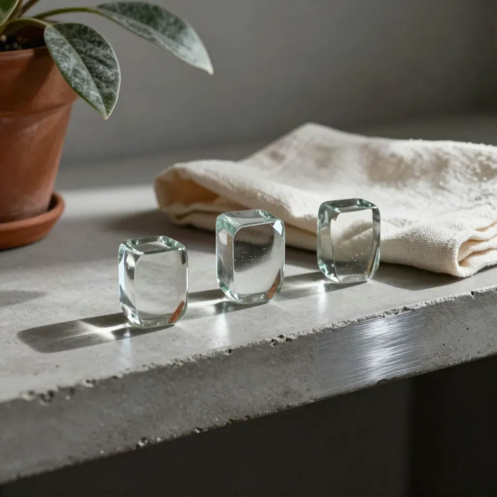Three glass weights beside a terracotta leaf and folded cloth on a concrete shelf