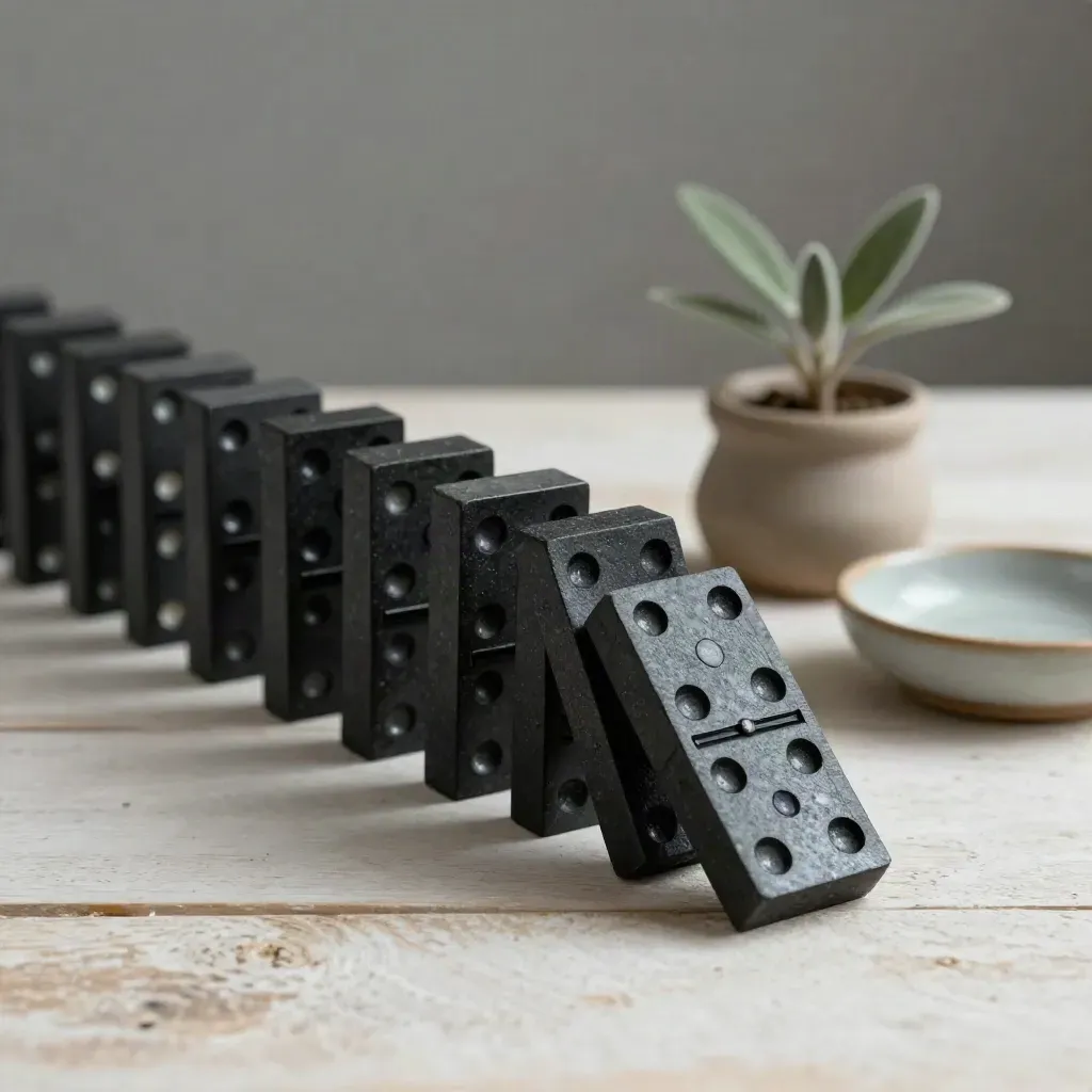 Black stone dominoes slipping on pale wood beside a tiny plant and ceramic dish.