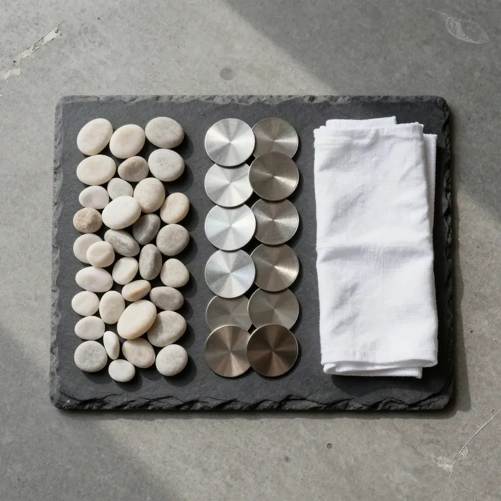 Slate tray with pebbles, metal discs and folded cloth in a neat top-down finance still life.